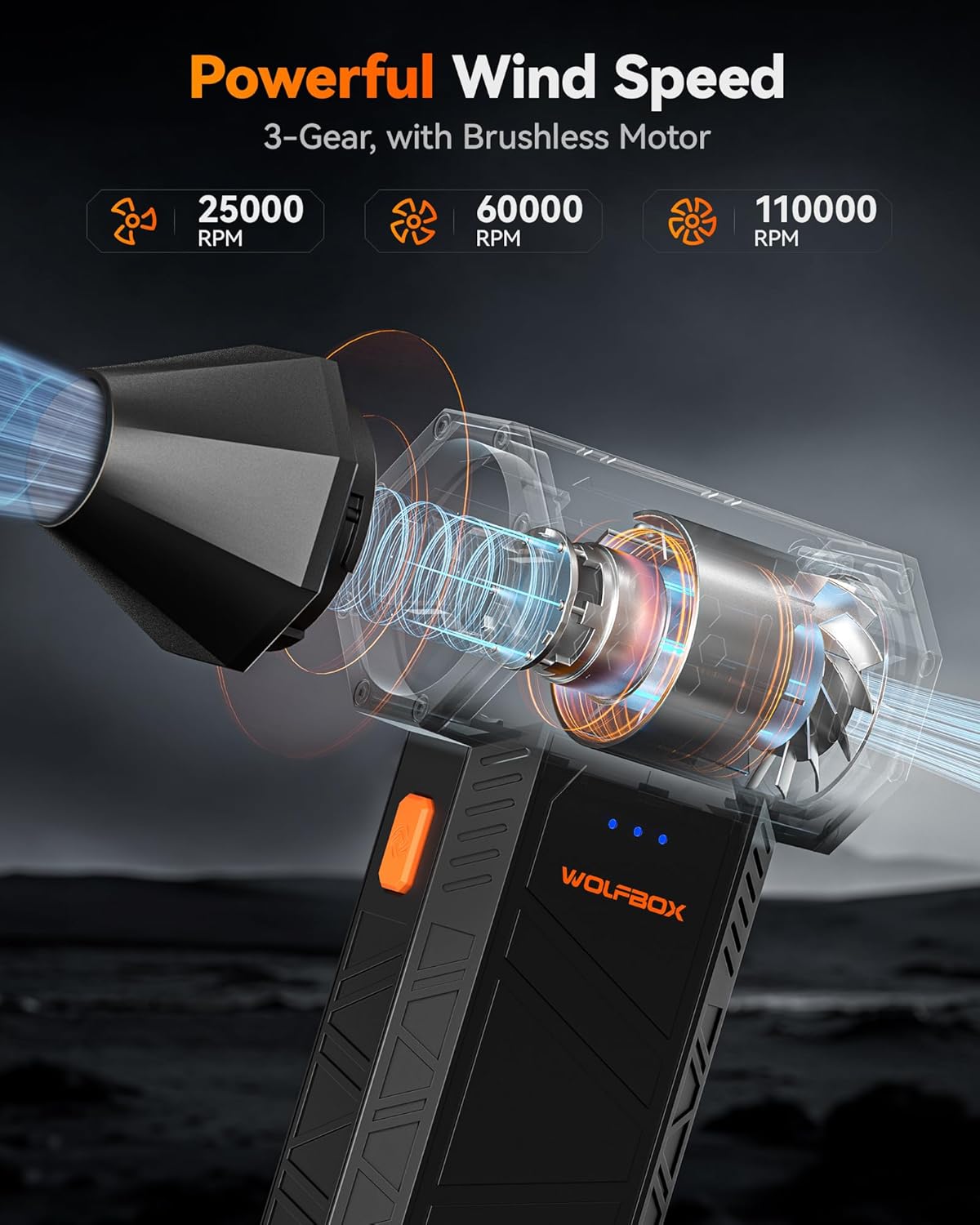 WOLFBOX MegaFlow 50 Compressed Air Duster - 110000RPM Super Power Electric Air Duster, 3-Gear Adjustable Mini Blower with Fast Charging